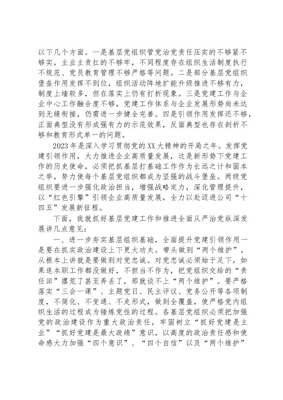 公司党委书记在2023年基层党建工作述职评议考核会暨全面从严治党（党建）工作会上的讲话.docx，第2页预览