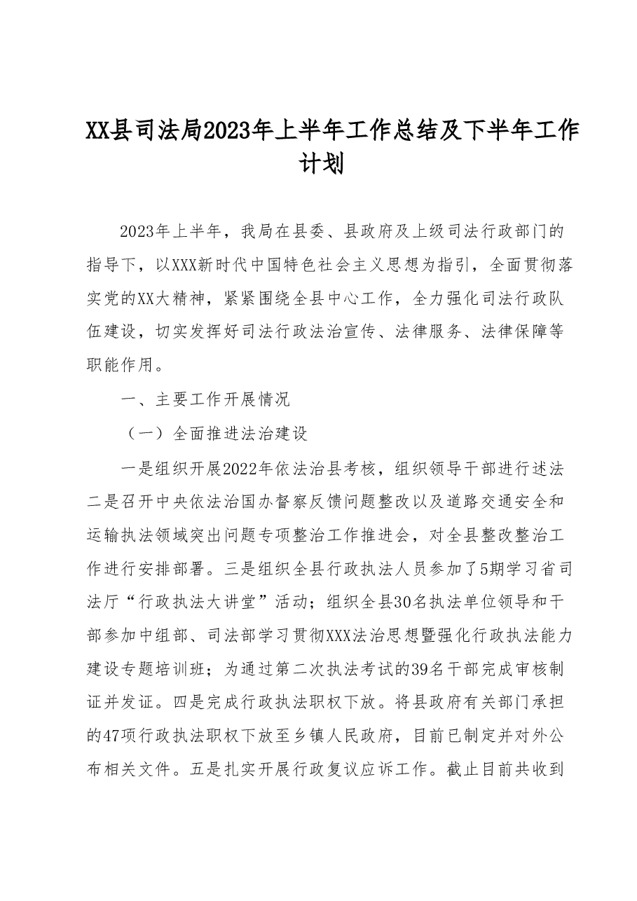 XX县司法局2023年上半年工作总结及下半年工作计划.docx,第1页预览