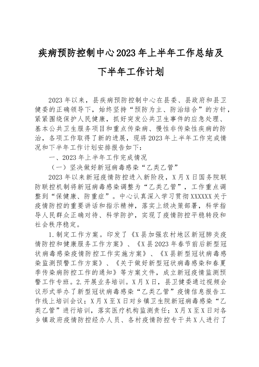 疾病预防控制中心2023年上半年工作总结及下半年工作计划.docx,第1页预览