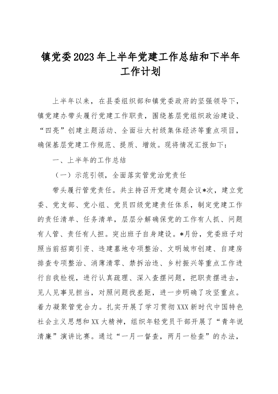 镇党委2023年上半年党建工作总结和下半年工作计划.docx,第1页预览