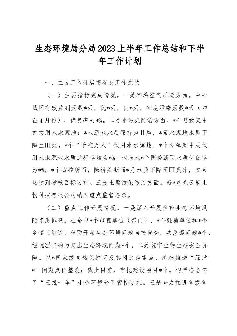 生态环境局分局2023上半年工作总结和下半年工作计划.docx,第1页预览