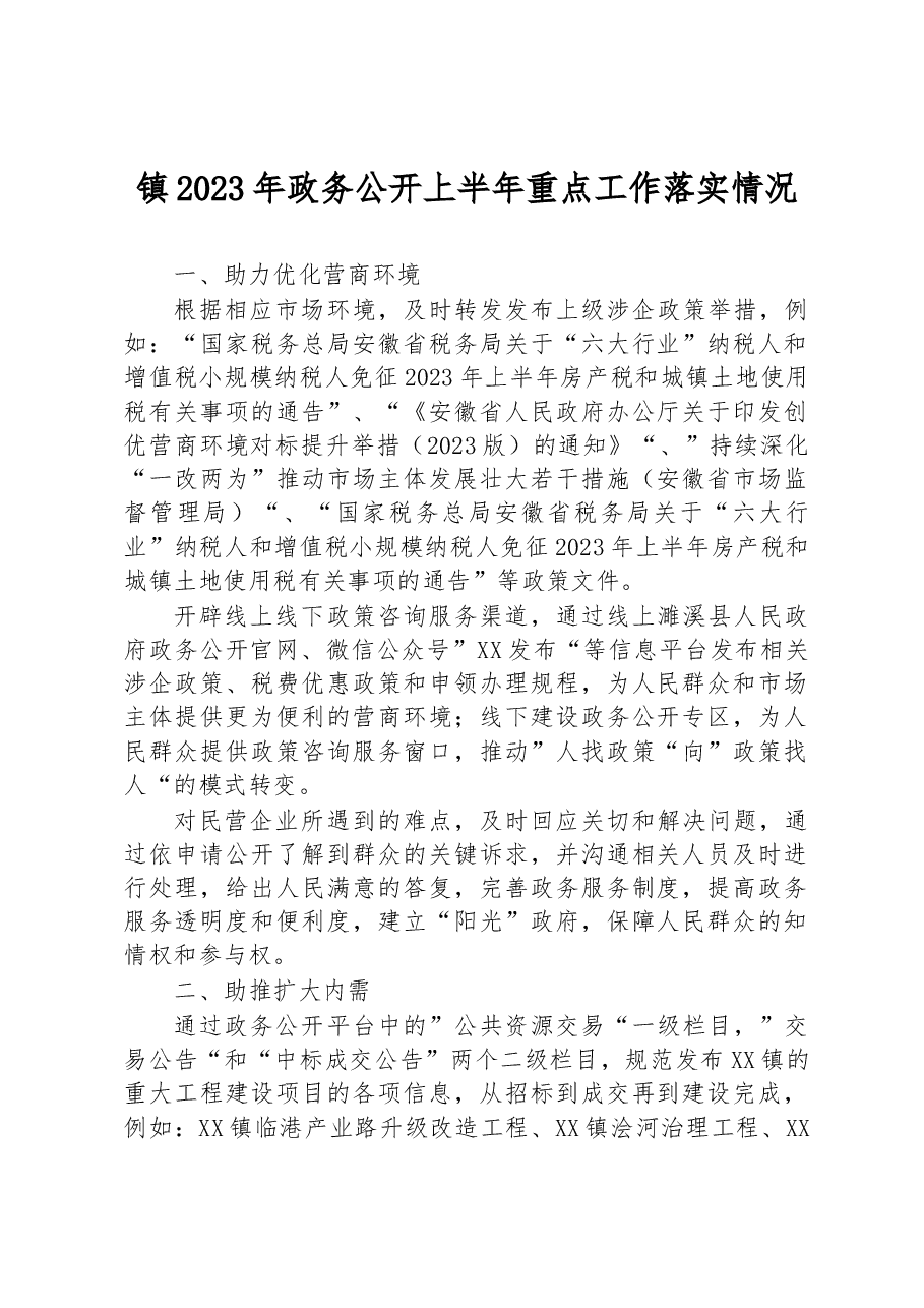 镇2023年政务公开上半年重点工作落实情况.docx,第1页预览