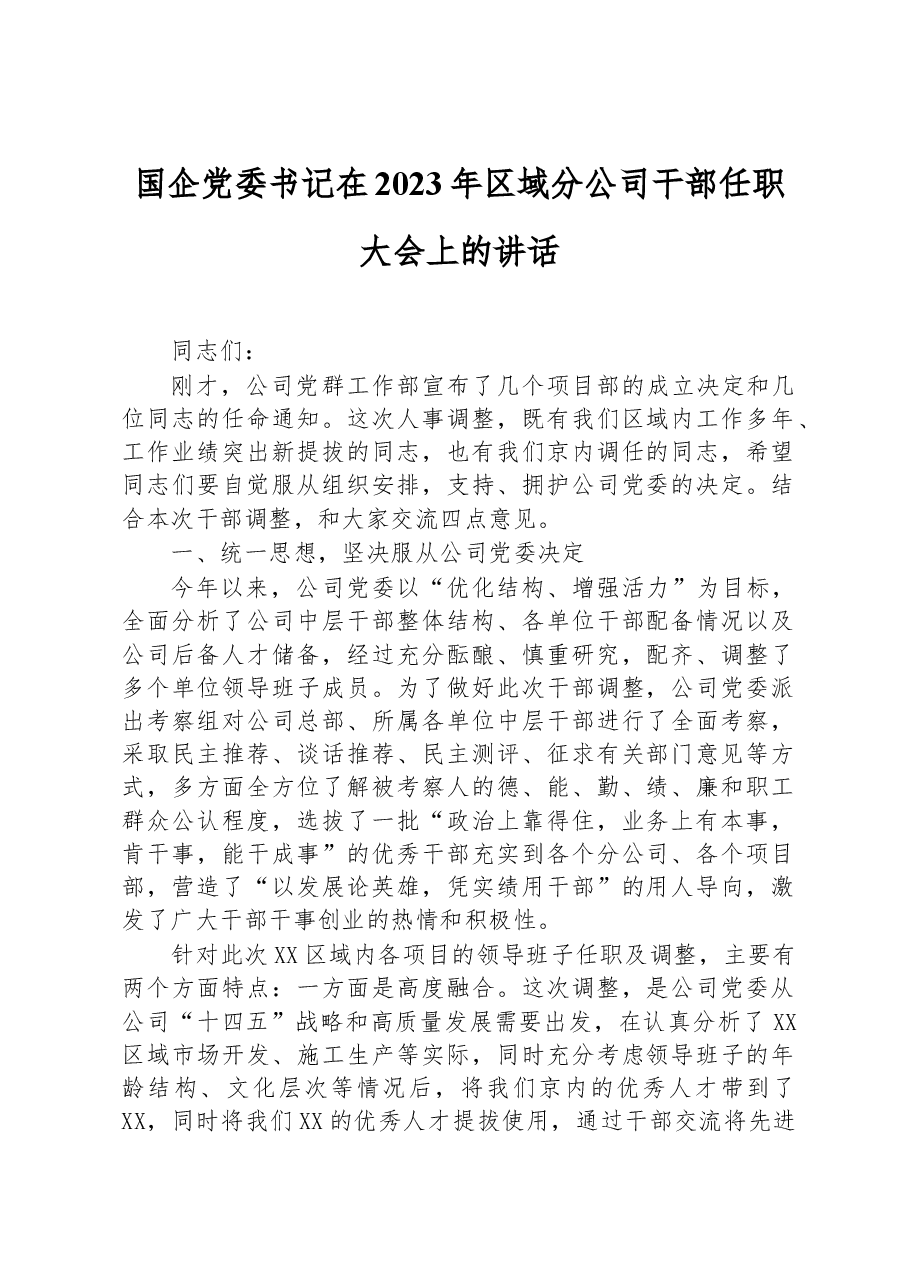国企党委书记在2023年区域分公司干部任职大会上的讲话.docx,第1页预览