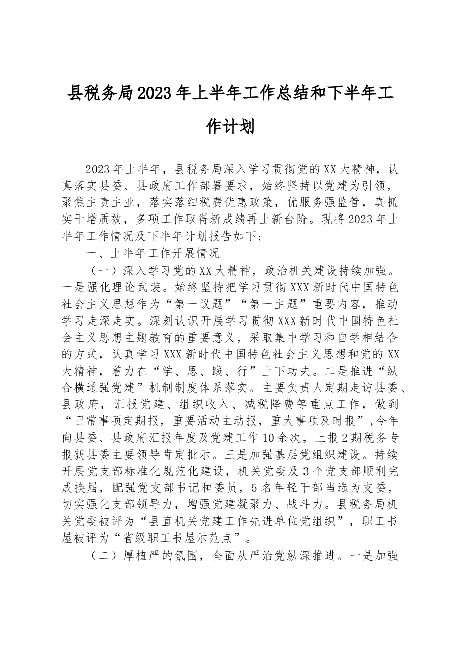 县税务局2023年上半年工作总结和下半年工作计划.docx,第1页预览