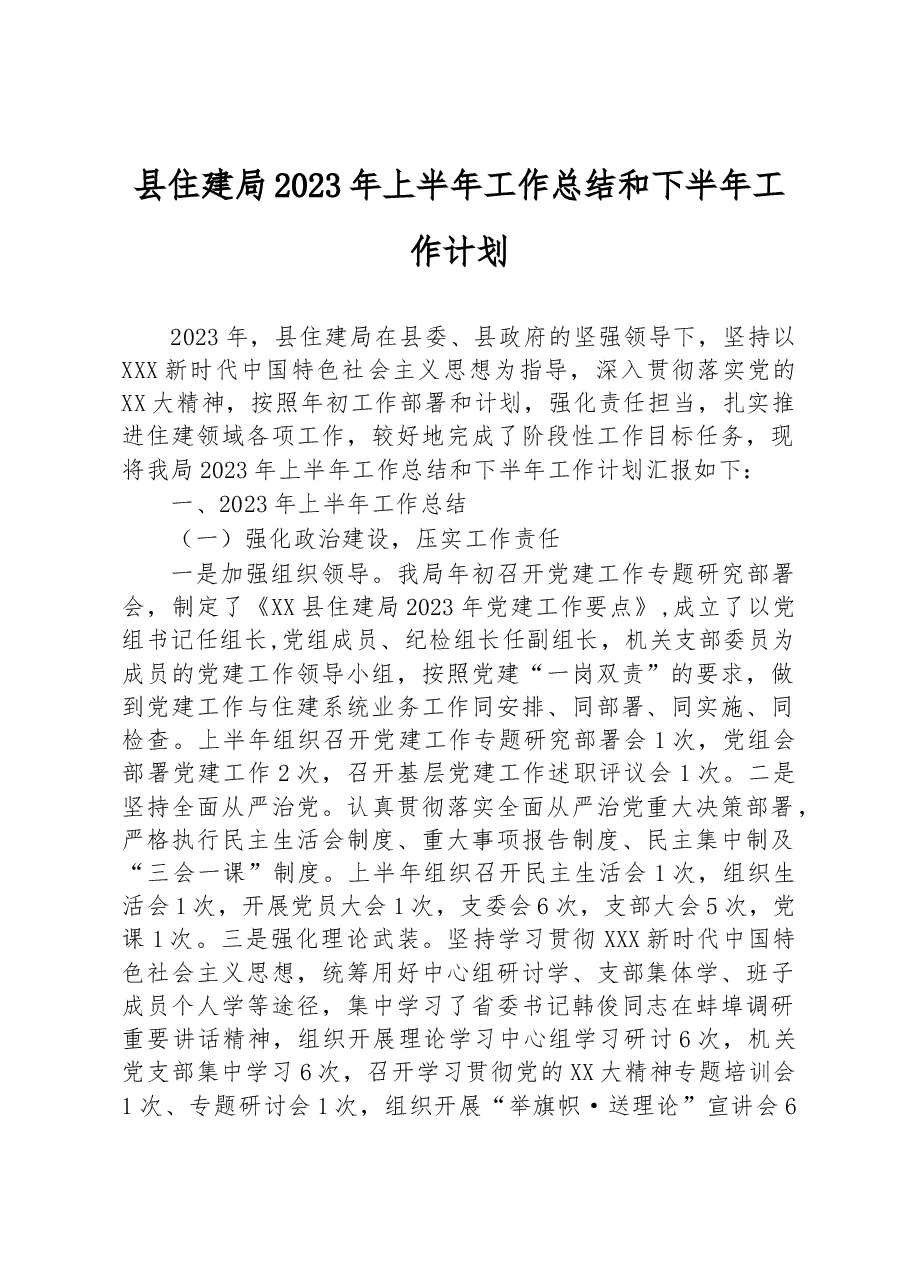 县住建局2023年上半年工作总结和下半年工作计划.docx,第1页预览