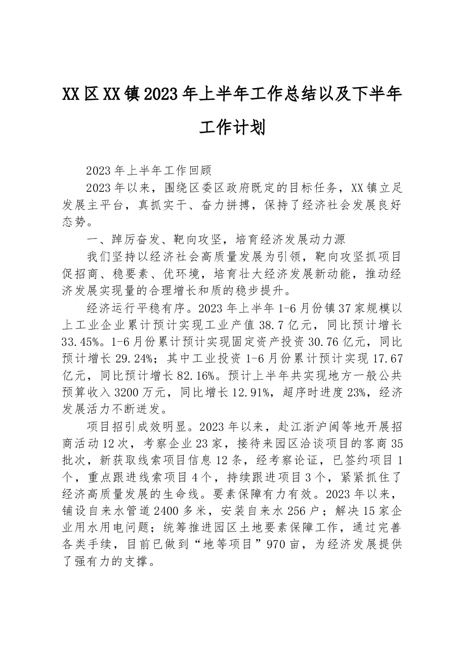 XX区XX镇2023年上半年工作总结以及下半年工作计划.docx，第1页预览
