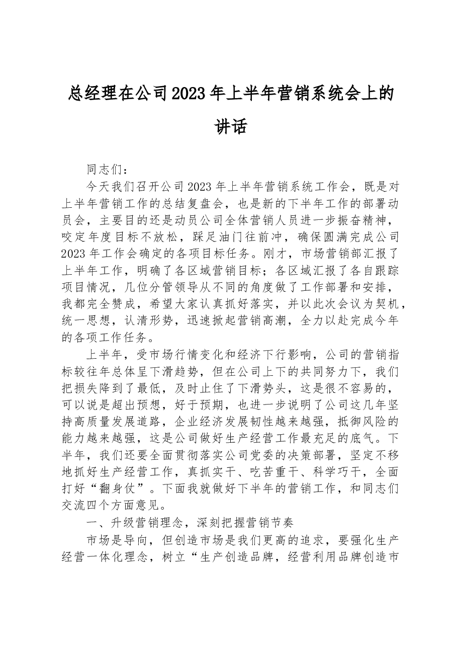 总经理在公司2023年上半年营销系统会上的讲话.docx,第1页预览