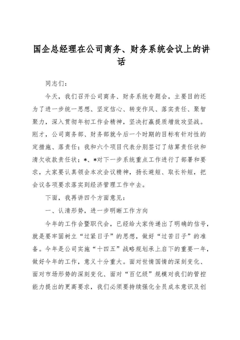 国企总经理在公司商务、财务系统会议上的讲话.docx,第1页预览