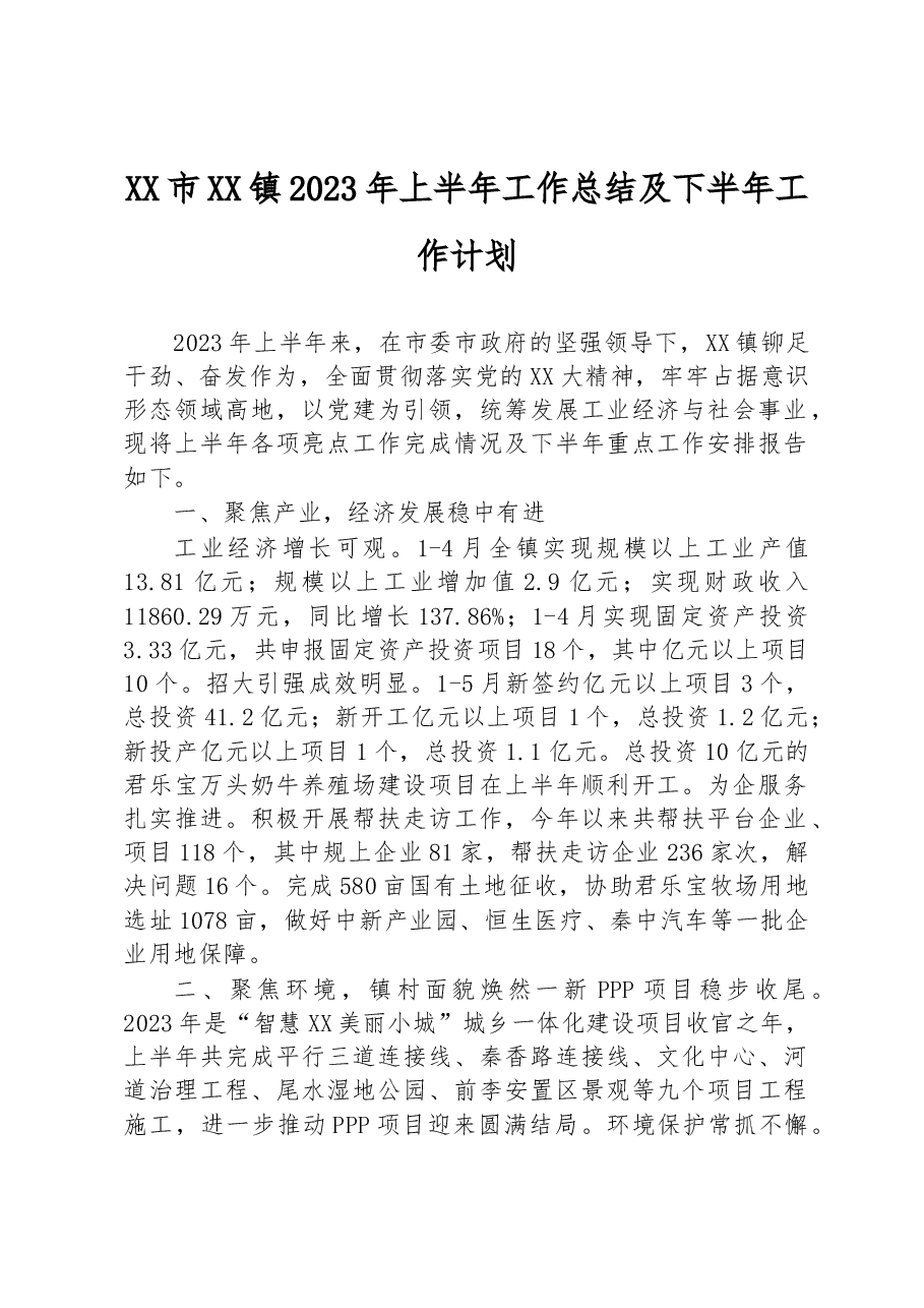 XX市XX镇2023年上半年工作总结及下半年工作计划.docx,第1页预览