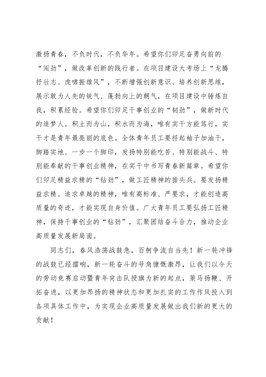 国企党委书记在公司2023年度劳动竞赛启动暨青年突击队授旗仪式上的致辞.docx,第3页预览