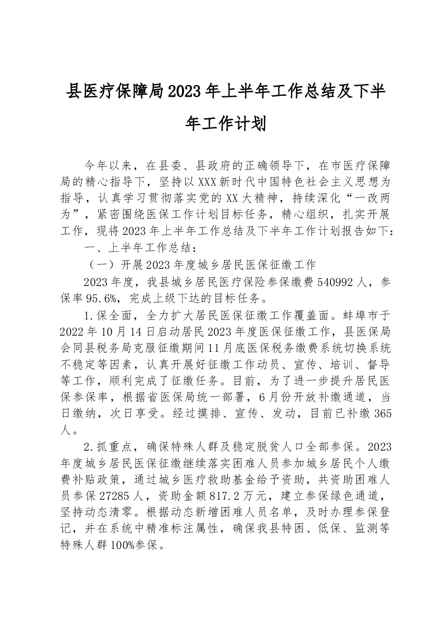 县医疗保障局2023年上半年工作总结及下半年工作计划.docx,第1页预览