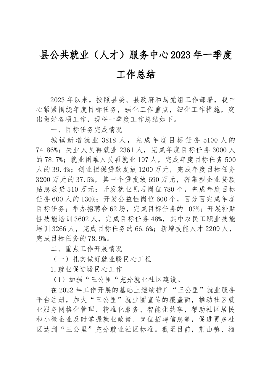 县公共就业(人才)服务中心2023年一季度工作总结.docx,第1页预览