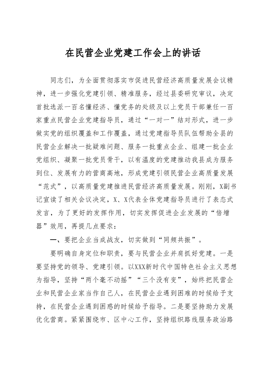 在民营企业党建工作会上的讲话.docx,第1页预览