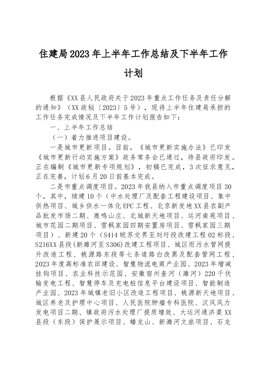住建局2023年上半年工作总结及下半年工作计划.docx，第1页预览