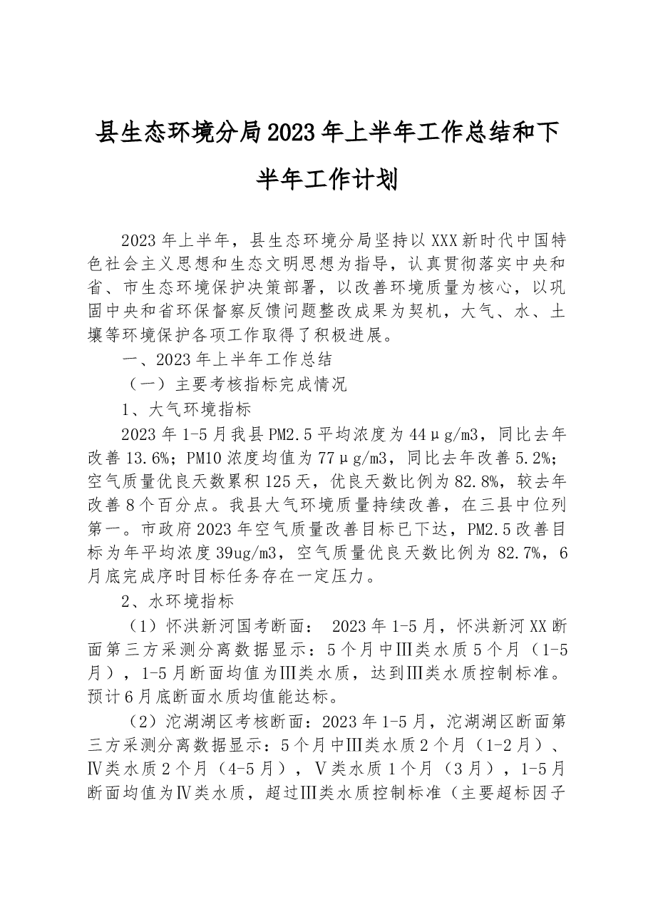 县生态环境分局2023年上半年工作总结和下半年工作计划.docx,第1页预览
