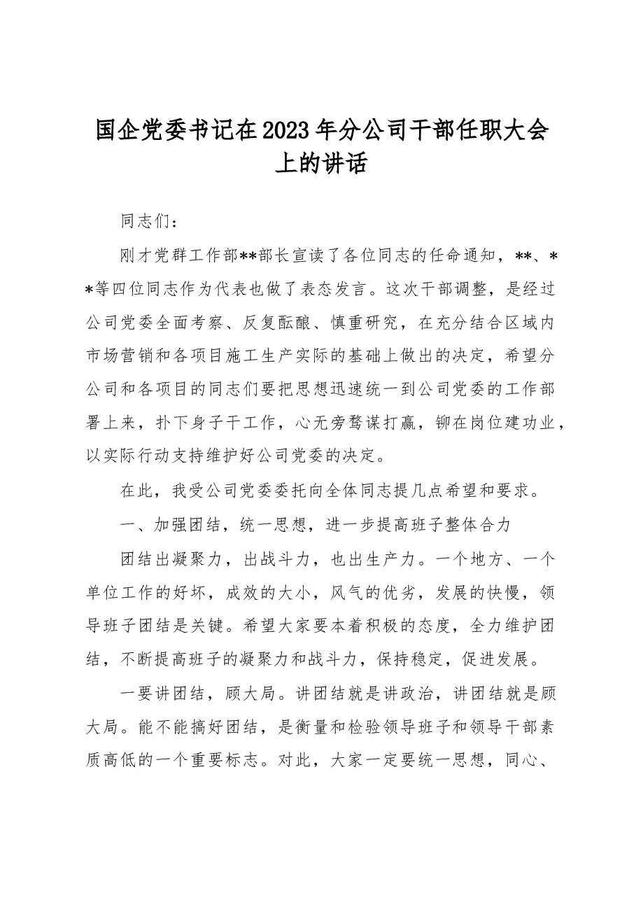 国企党委书记在2023年分公司干部任职大会上的讲话.docx,第1页预览