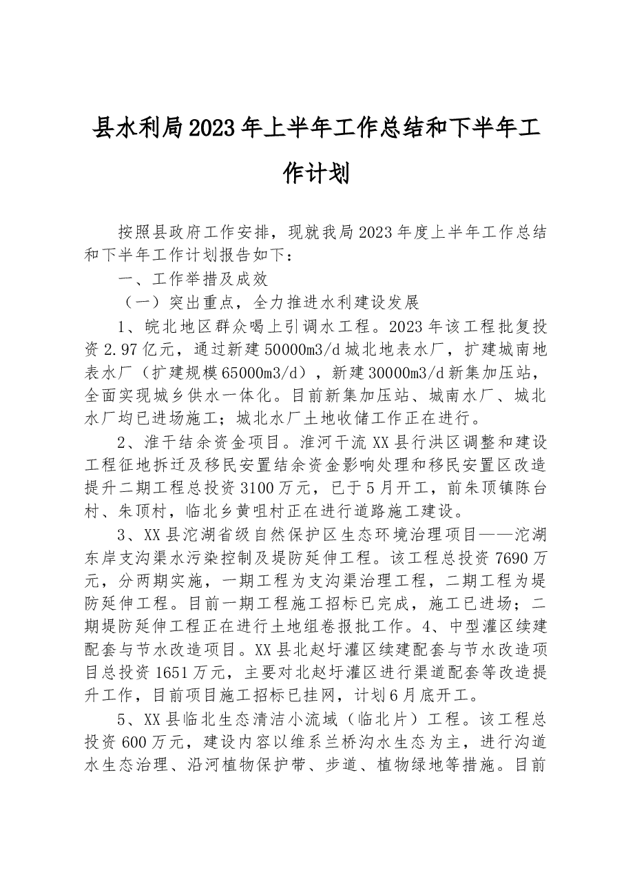 县水利局2023年上半年工作总结和下半年工作计划.docx,第1页预览