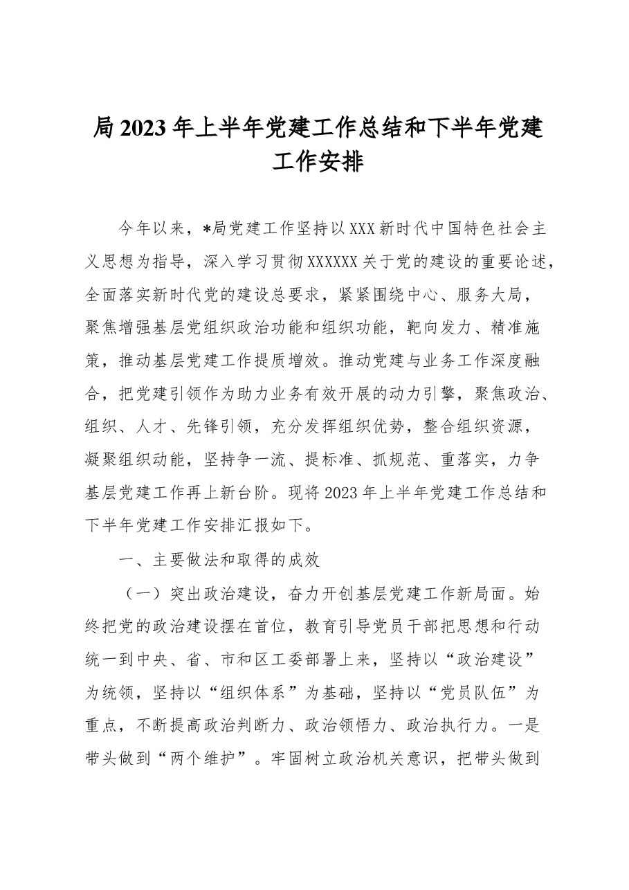 局2023年上半年党建工作总结和下半年党建工作安排.docx,第1页预览