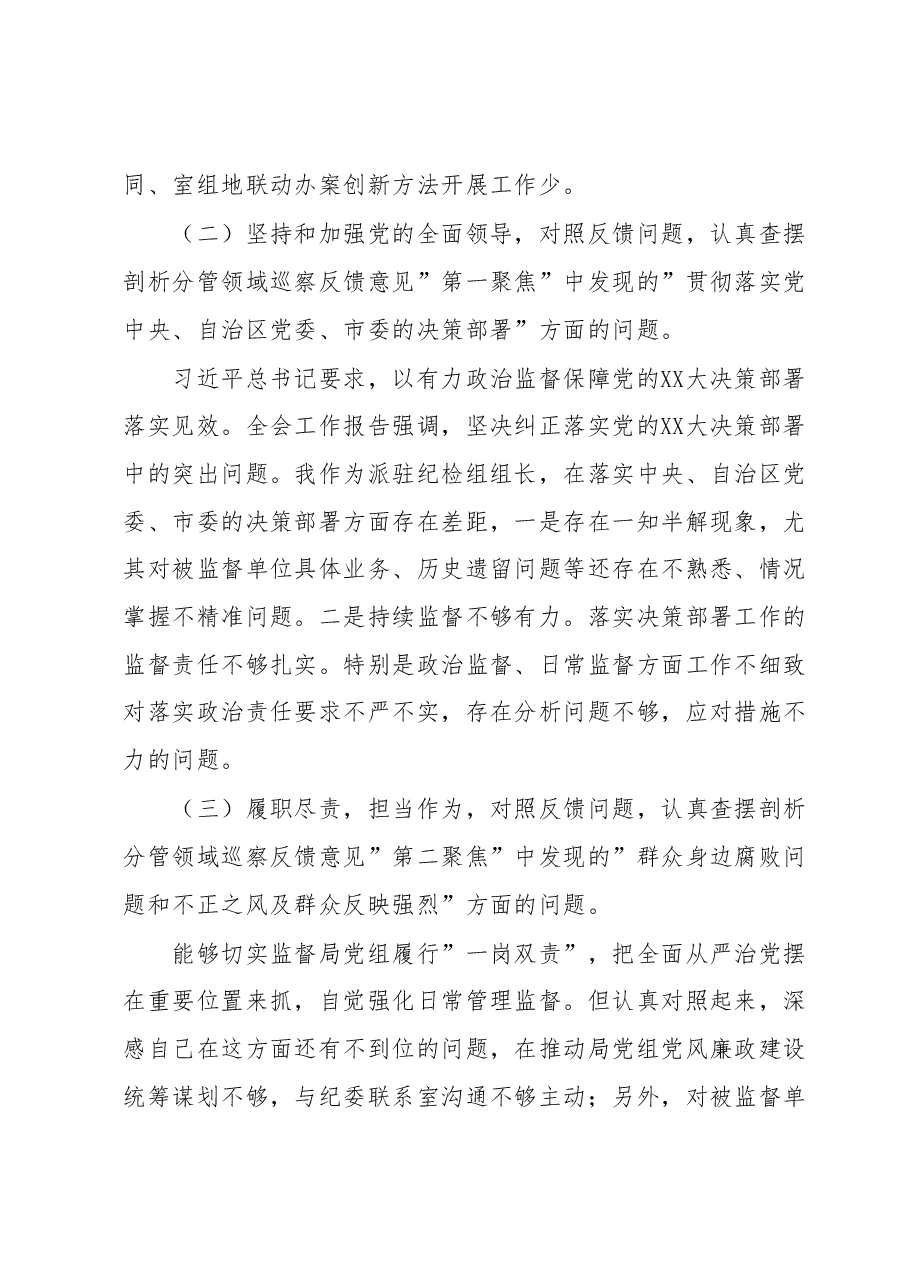 巡察整改专题民主生活会派驻纪检组组长对照检查剖析材料.docx,第2页预览