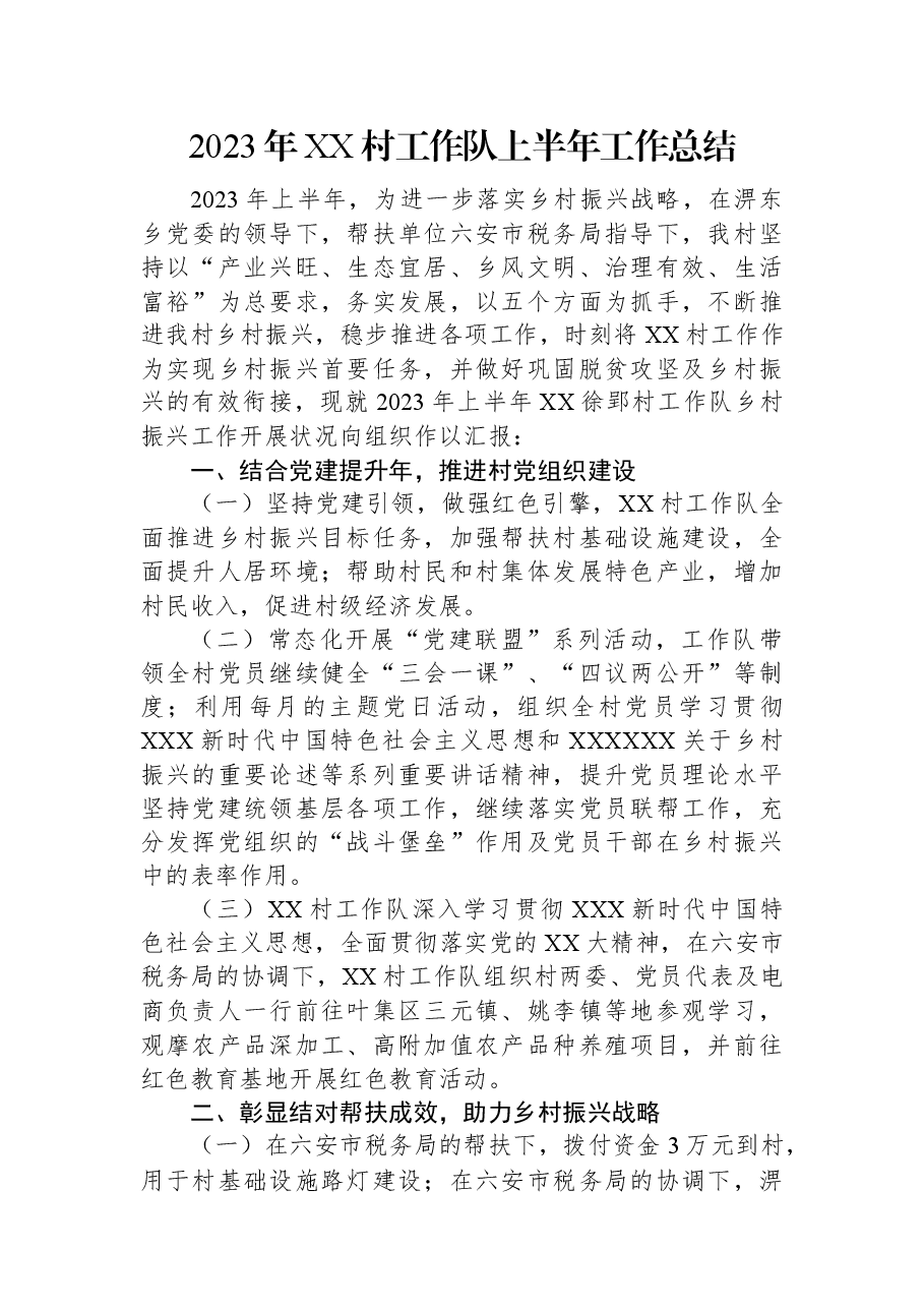 2023年XX村工作队上半年工作总结.docx,第1页预览