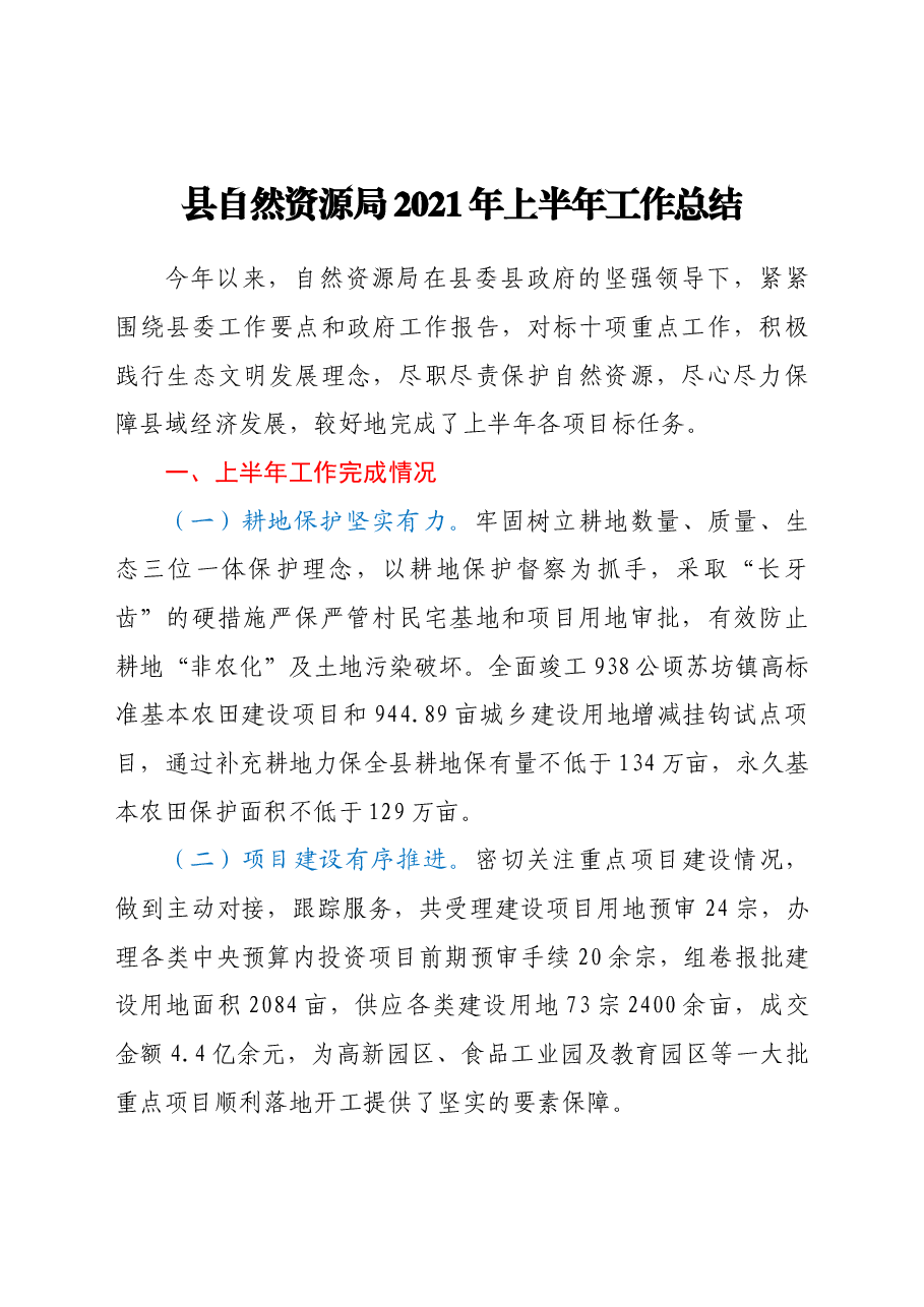 县自然资源局 2021年上半年工作总结.doc,第1页预览