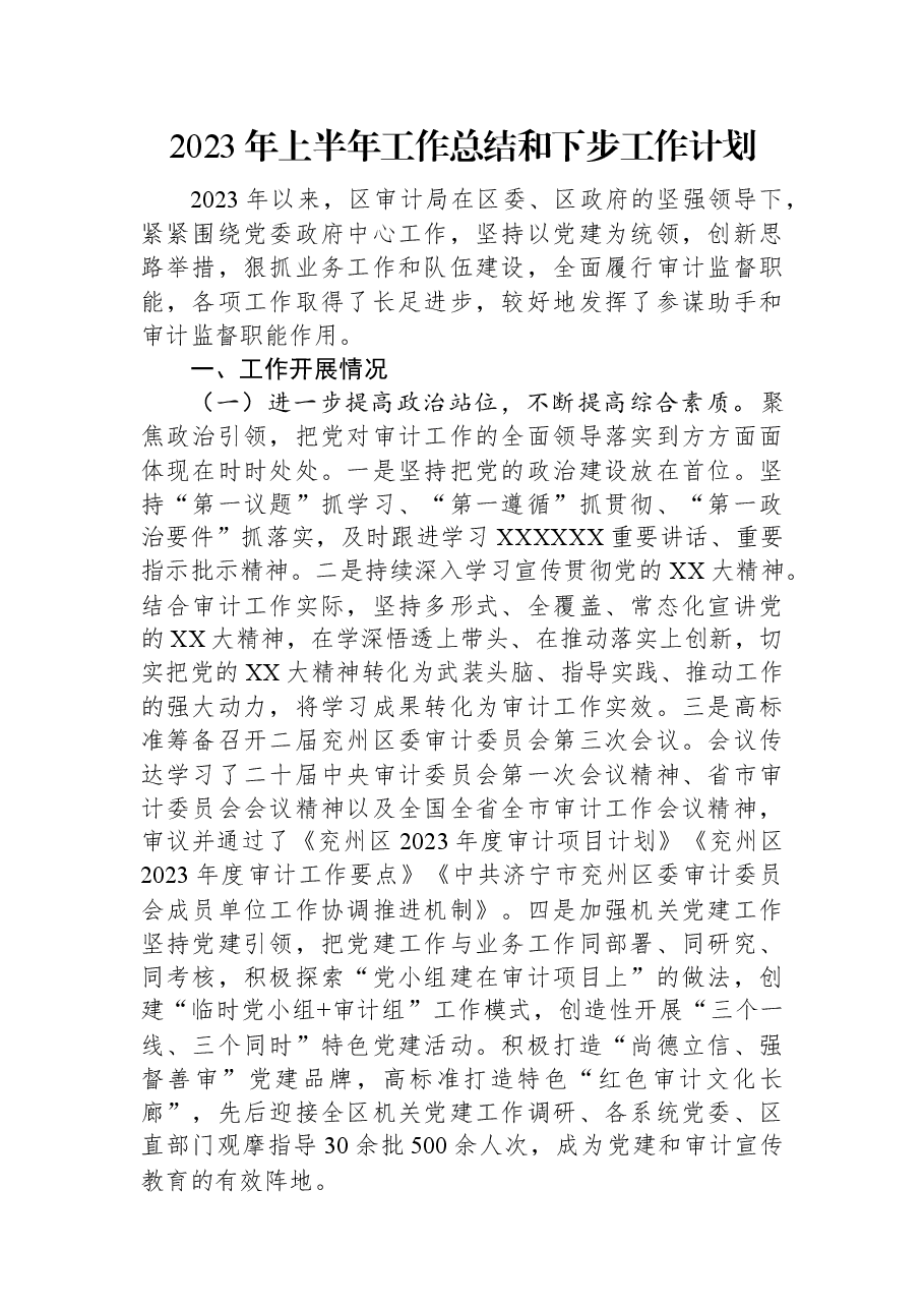 2023年上半年工作总结和下步工作计划.docx，第1页预览