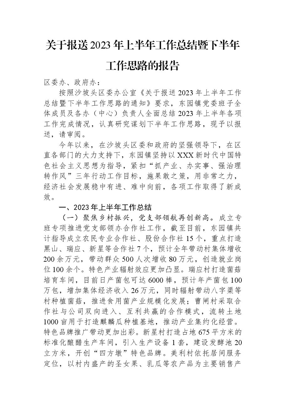 关于报送2023年上半年工作总结暨下半年工作思路的报告.docx，第1页预览