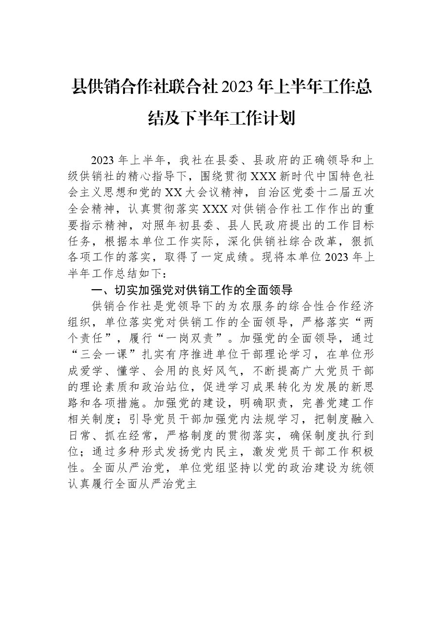 县供销合作社联合社2023年上半年工作总结及下半年工作计划.docx,第1页预览
