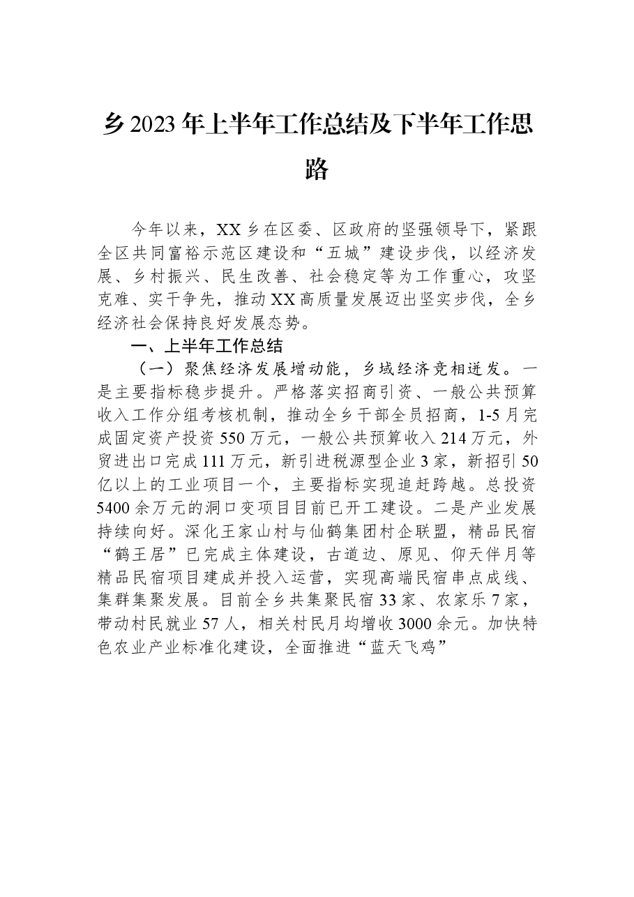 乡2023年上半年工作总结及下半年工作思路.docx，第1页预览