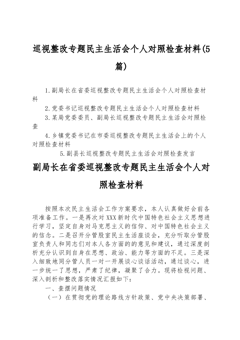 (5篇)巡视整改专题民主生活会个人对照检查材料.docx,第1页预览