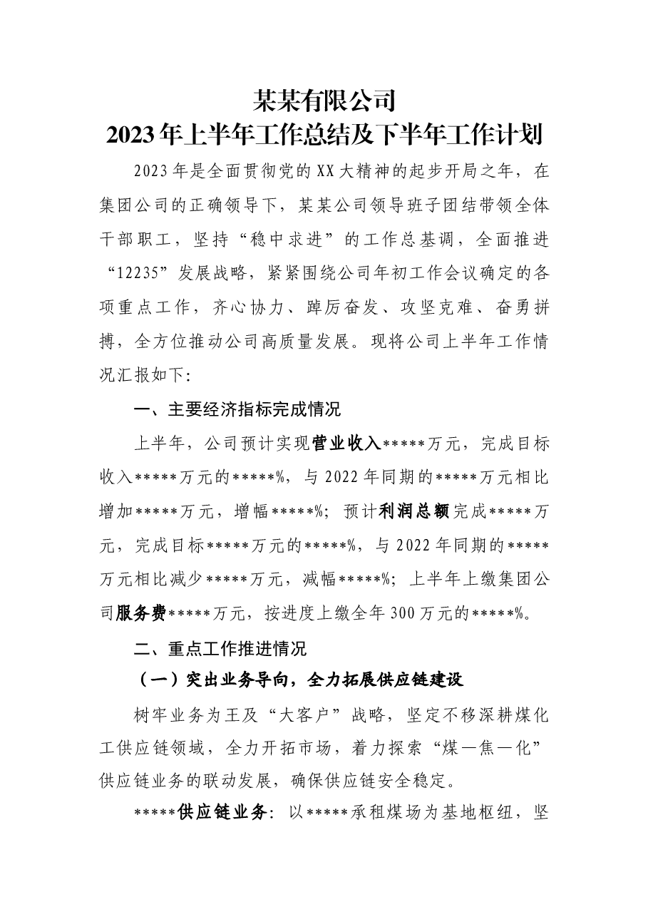 某某公司2023年上半年工作总结及下半年工作计划.docx,第1页预览