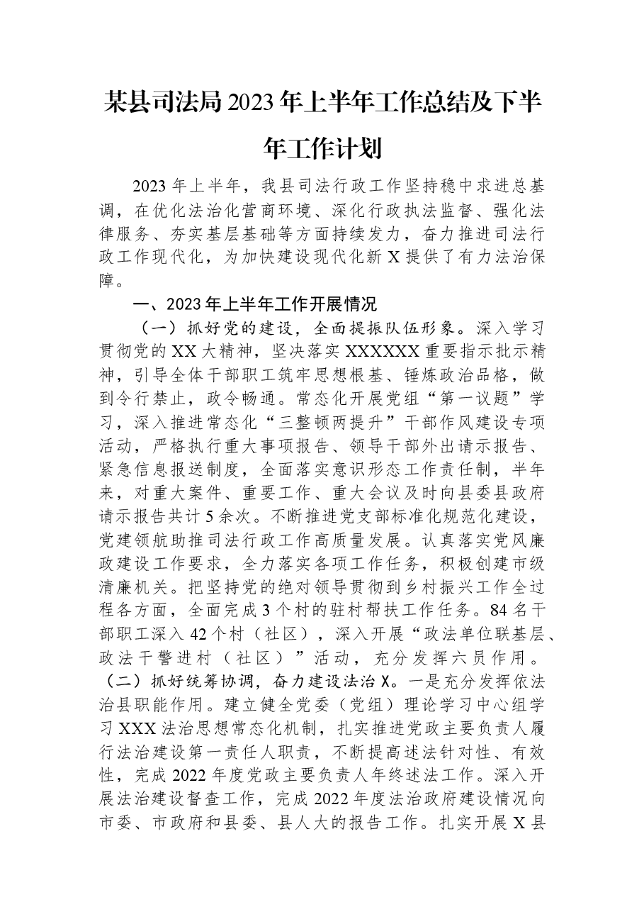 某县司法局2023年上半年工作总结及下半年工作计划.docx,第1页预览