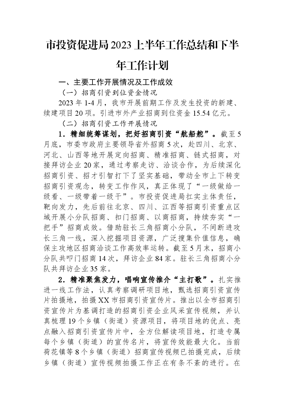 市投资促进局2023上半年工作总结和下半年工作计划.docx,第1页预览