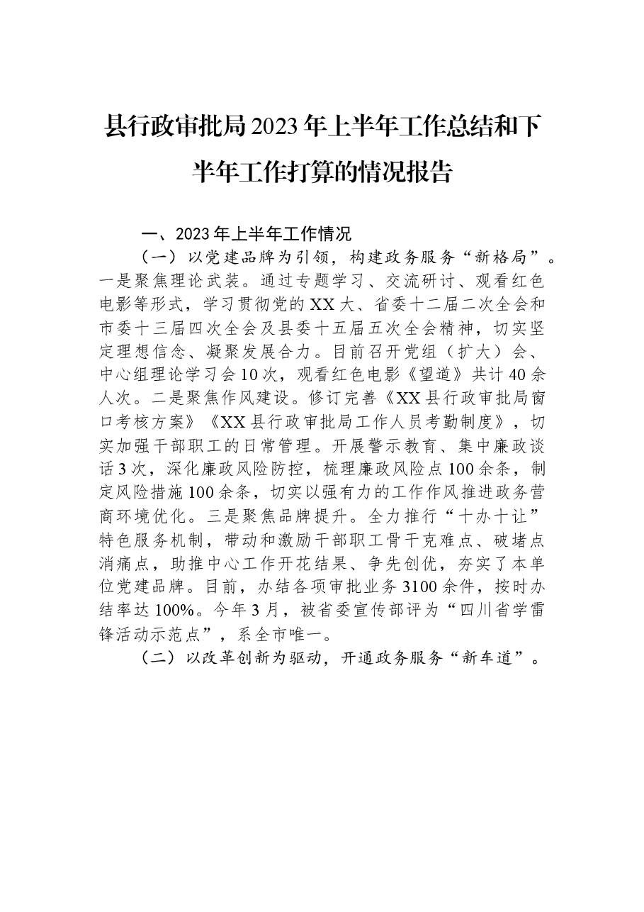 县行政审批局2023年上半年工作总结和下半年工作打算的情况报告.docx,第1页预览