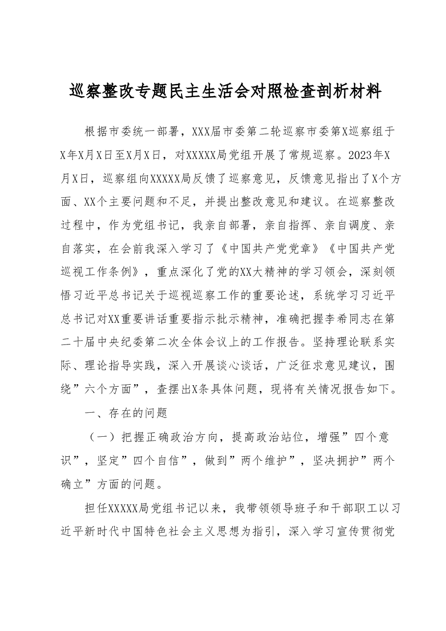 巡察整改专题民主生活会党组书记对照检查剖析材料.docx,第1页预览