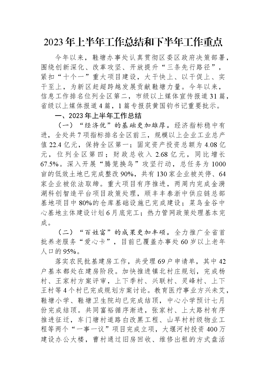2023年上半年工作总结和下半年工作重点.docx,第1页预览