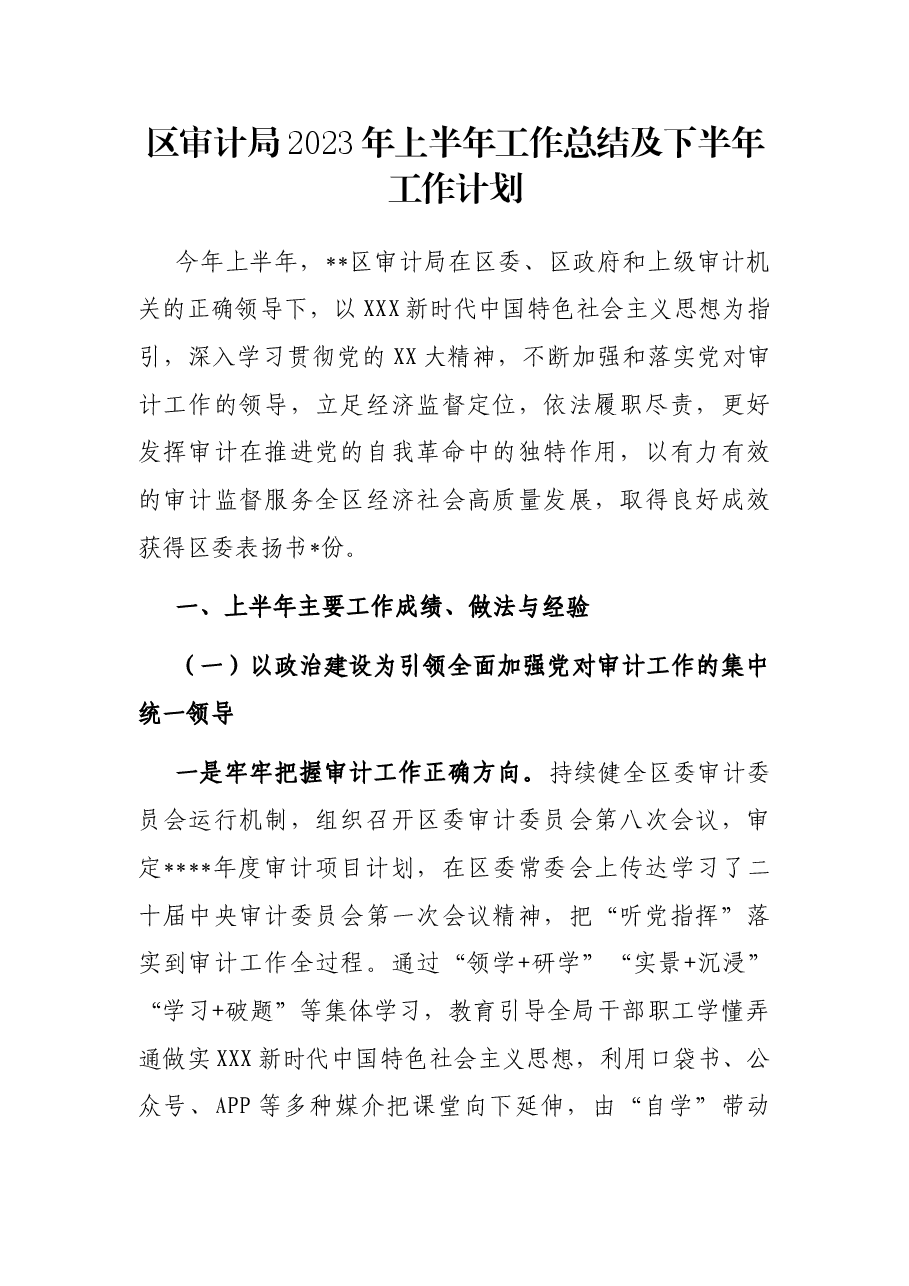 区审计局2023年上半年工作总结及下半年工作计划.docx,第1页预览