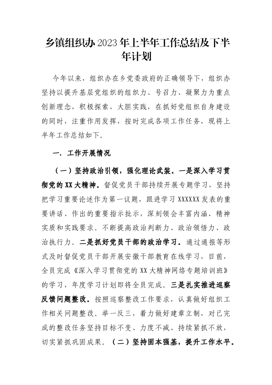 乡镇组织办2023年上半年工作总结及下半年计划.docx,第1页预览