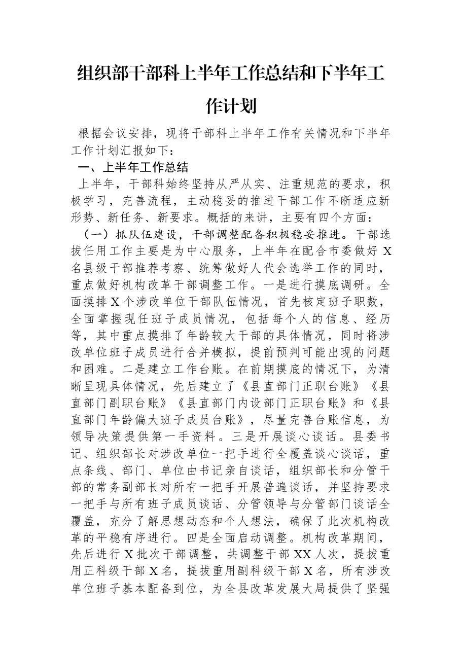 组织部干部科上半年工作总结和下半年工作计划.docx,第1页预览