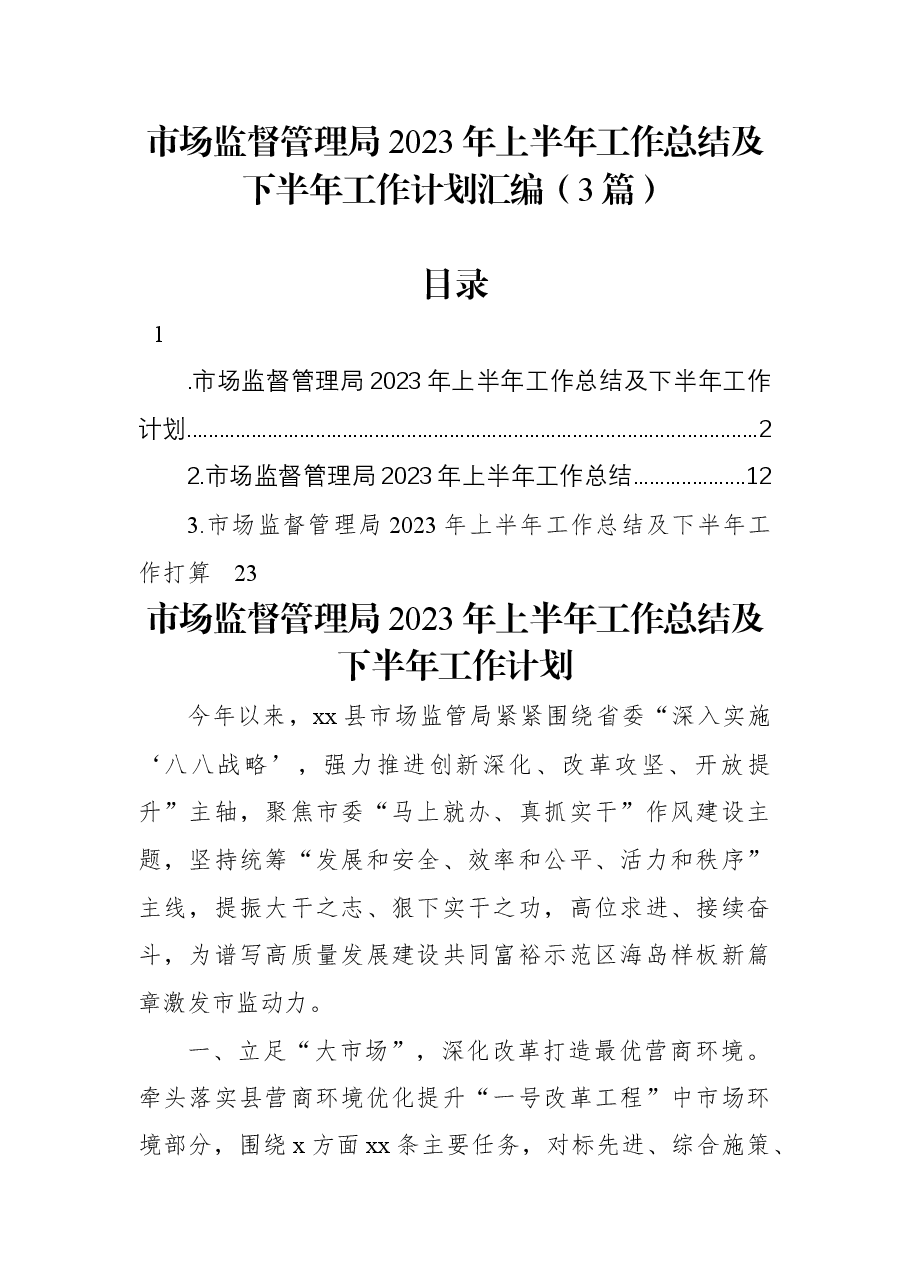 (3篇)市场监督管理局2023年上半年工作总结及下半年工作计划汇编.docx,第1页预览