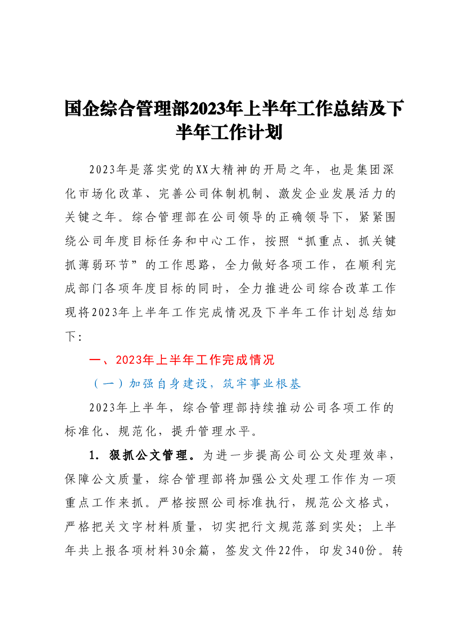 国企综合管理部2023年上半年工作总结及下半年工作计划.docx,第1页预览