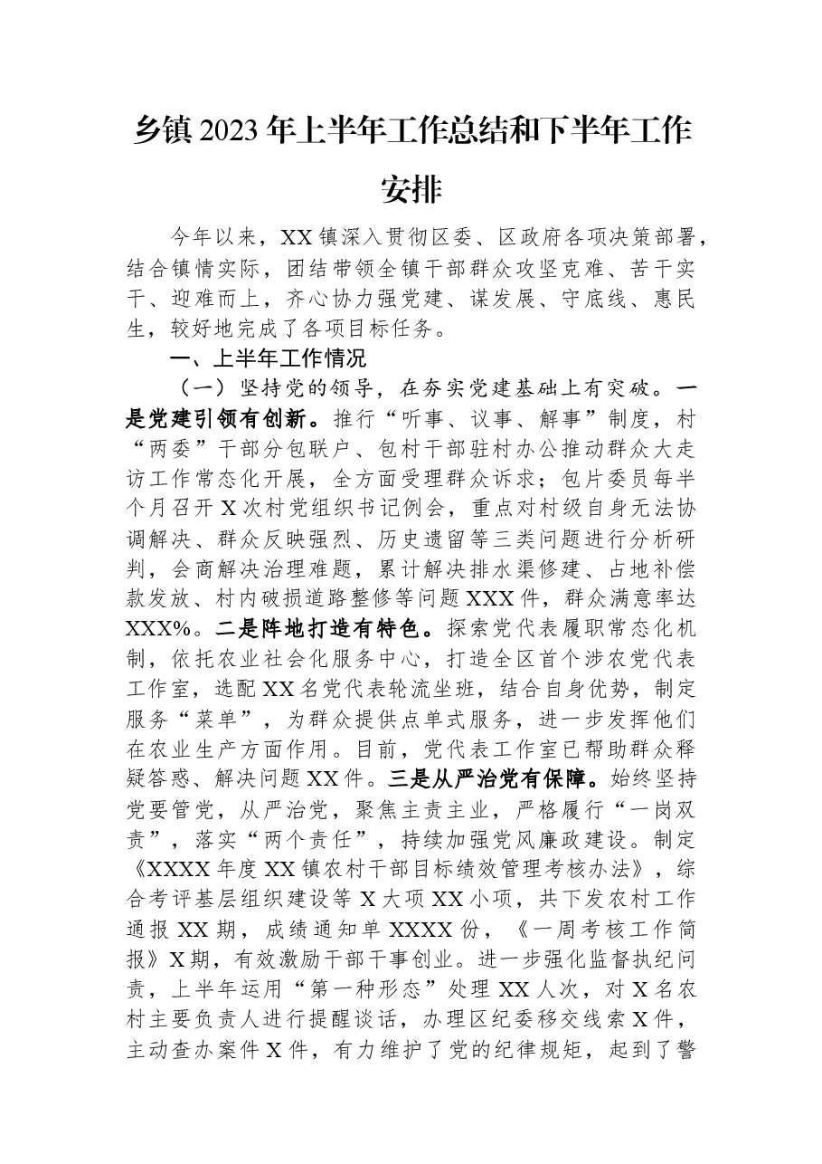 乡镇2023年上半年工作总结和下半年工作安排.docx,第1页预览