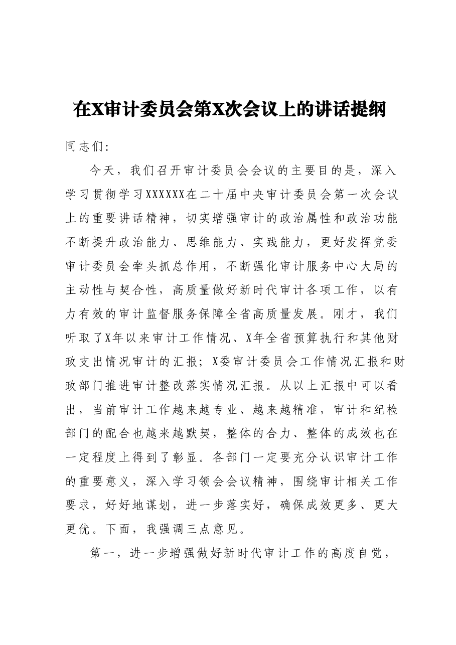 在X审计委员会第X次会议上的讲话提纲.docx,第1页预览