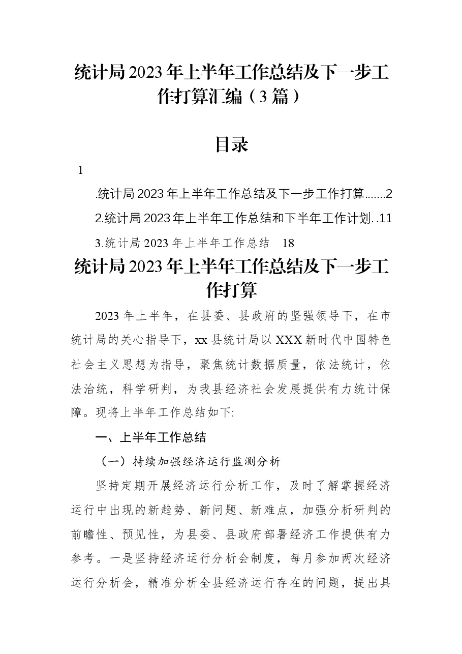 (3篇)统计局2023年上半年工作总结及下一步工作打算汇编.docx,第1页预览