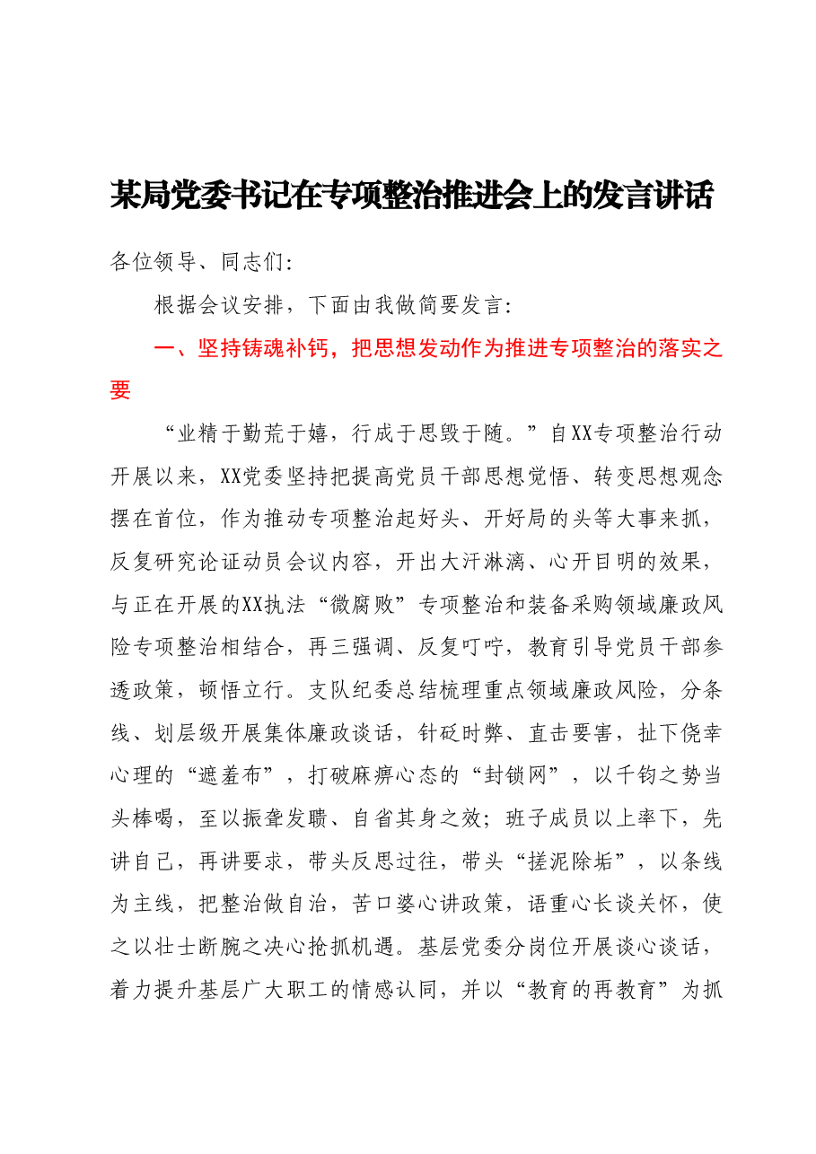 某局党委书记在专项整治推进会上的发言讲话.docx,第1页预览