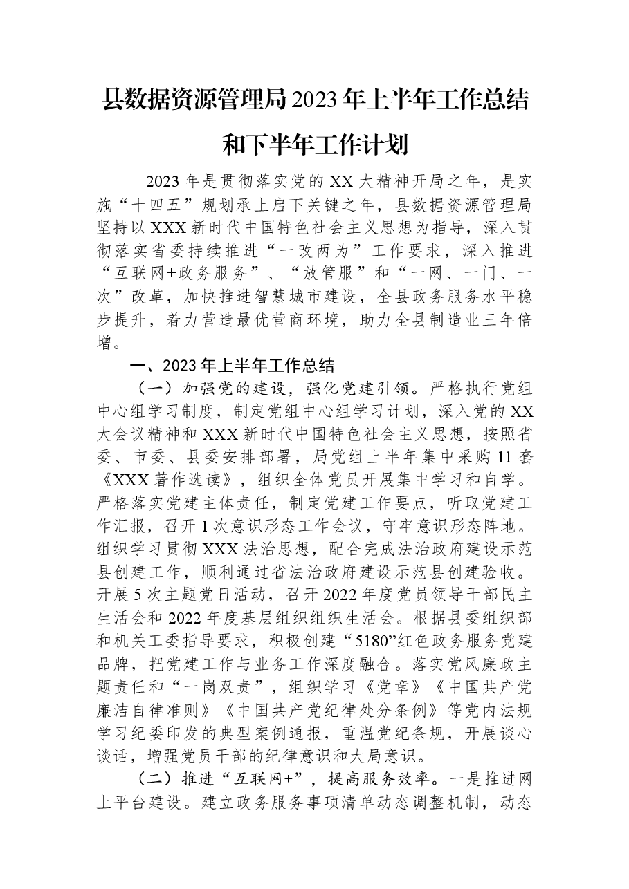 县数据资源管理局2023年上半年工作总结和下半年工作计划.docx,第1页预览