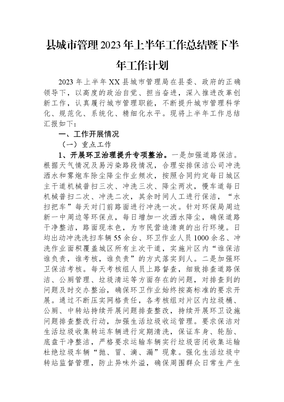 县城市管理2023年上半年工作总结暨下半年工作计划.docx,第1页预览