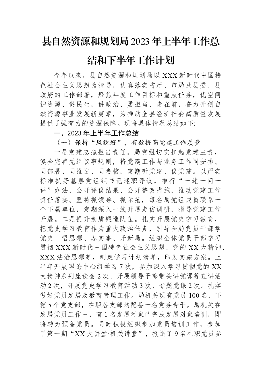 县自然资源和规划局2023年上半年工作总结和下半年工作计划.docx,第1页预览