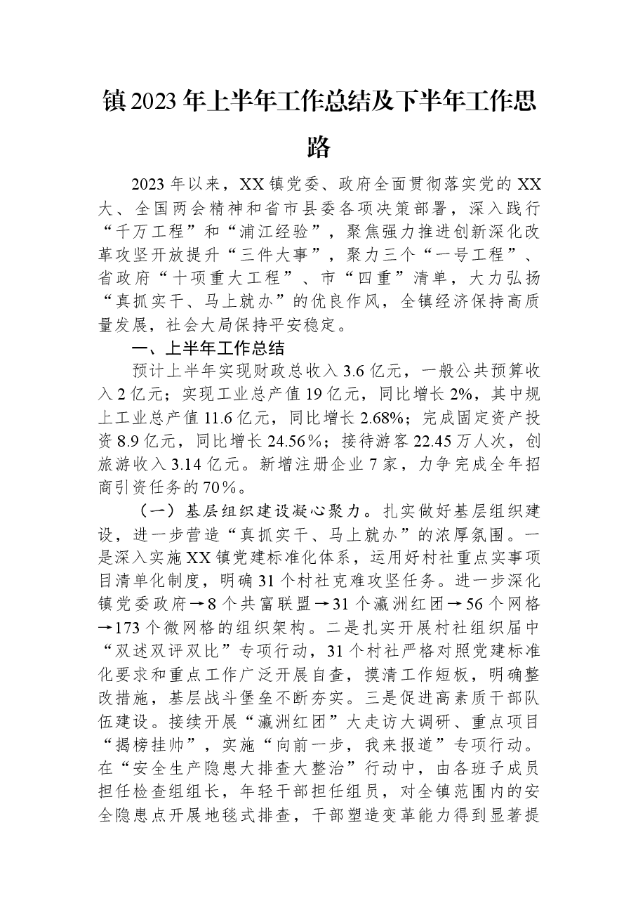 镇2023年上半年工作总结及下半年工作思路.docx,第1页预览