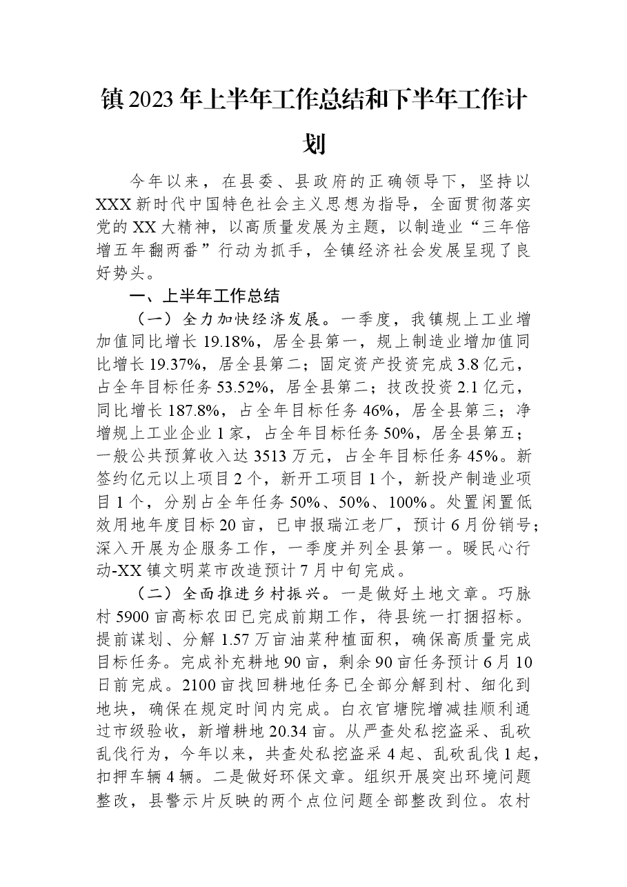 镇2023年上半年工作总结和下半年工作计划.docx,第1页预览